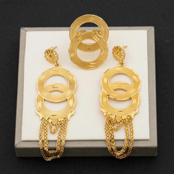 Trend Round Jewelry Set for Women African Dubai Gold Color Earrings Ring Set