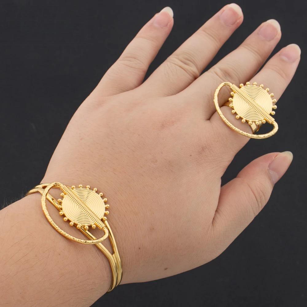 New Gold Color Cuff Bangle with Ring