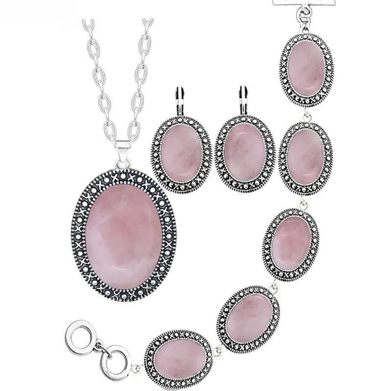 Vintage Pink Quartz Necklace Earring Bracelet Party Jewelry Set For Woman