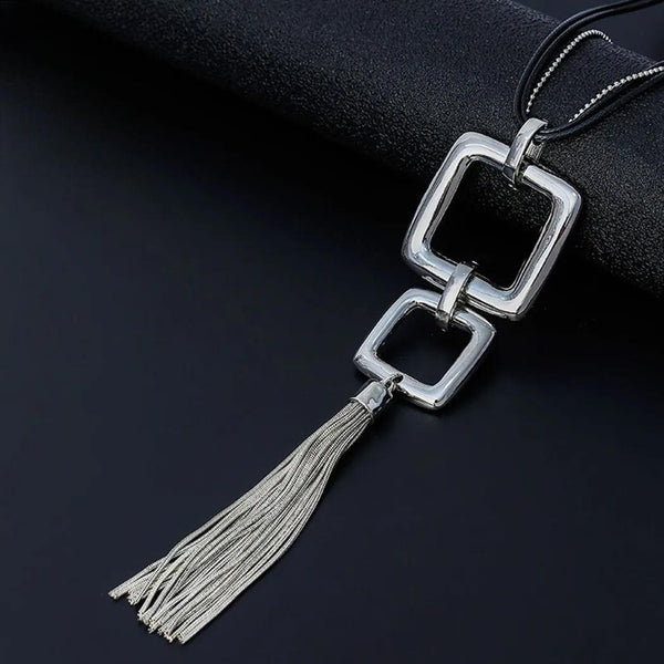 Silver Color Long Necklace Valentines Day Statement Suspension Square Pendants Chains