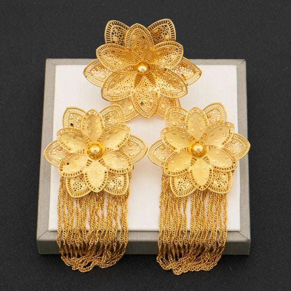 Arab Gold Plated Flower Earrings and Finger Ring Jewelry Set Women