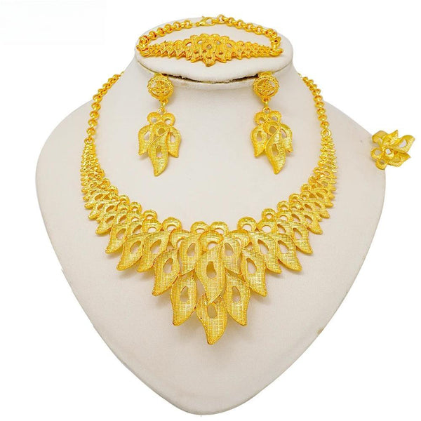 Fashion Italy Gold Color Plated African Necklace Earrings Ring Bracelet Set