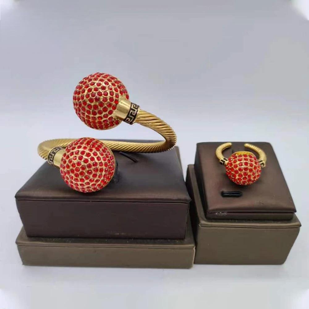 Dubai African  Gold Color Bead Bangle with Ring Set