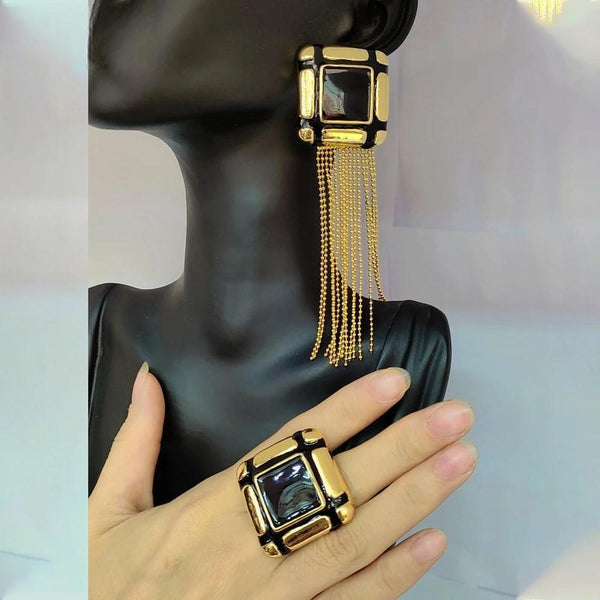 African Gold Color and Black Color Geometry Design Tassel Earrings and Ring