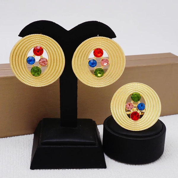 Fashion 2PCS Earrings Ring Jewelry Set For Women Dubai Gold Color Copper Earrings