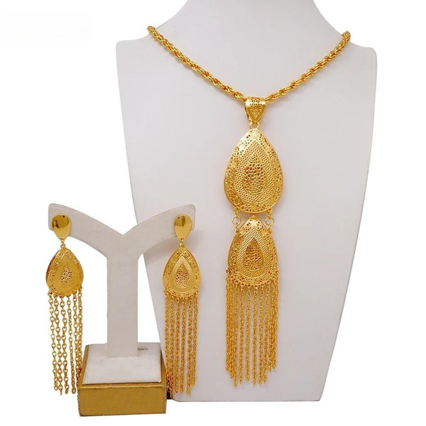 Fashion Dubai Gold Color Long Pendant Necklace Drop Earrings Jewelry Sets For Women
