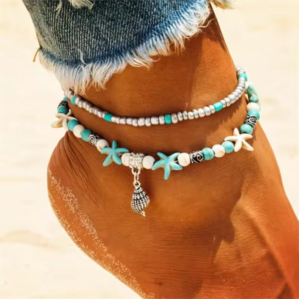 Tobillera con runas y estrellas de mar redondas de estilo bohemio retro