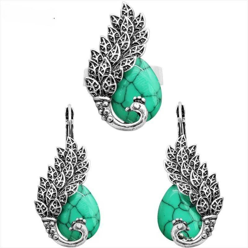 Drop Synthetic Turquoises Peacock Jewelry Sets Earrings Adjustable Rings For Women