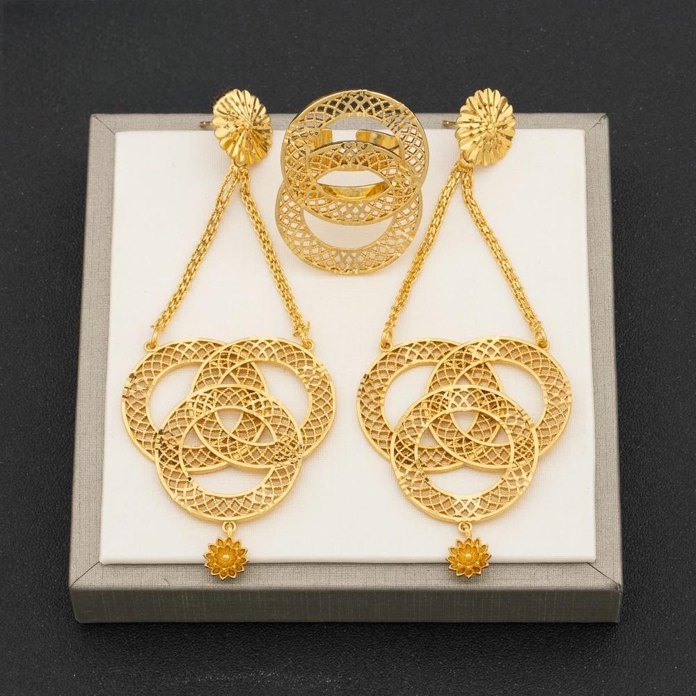 Trend Round Jewelry Set for Women African Dubai Gold Color Earrings Ring Set