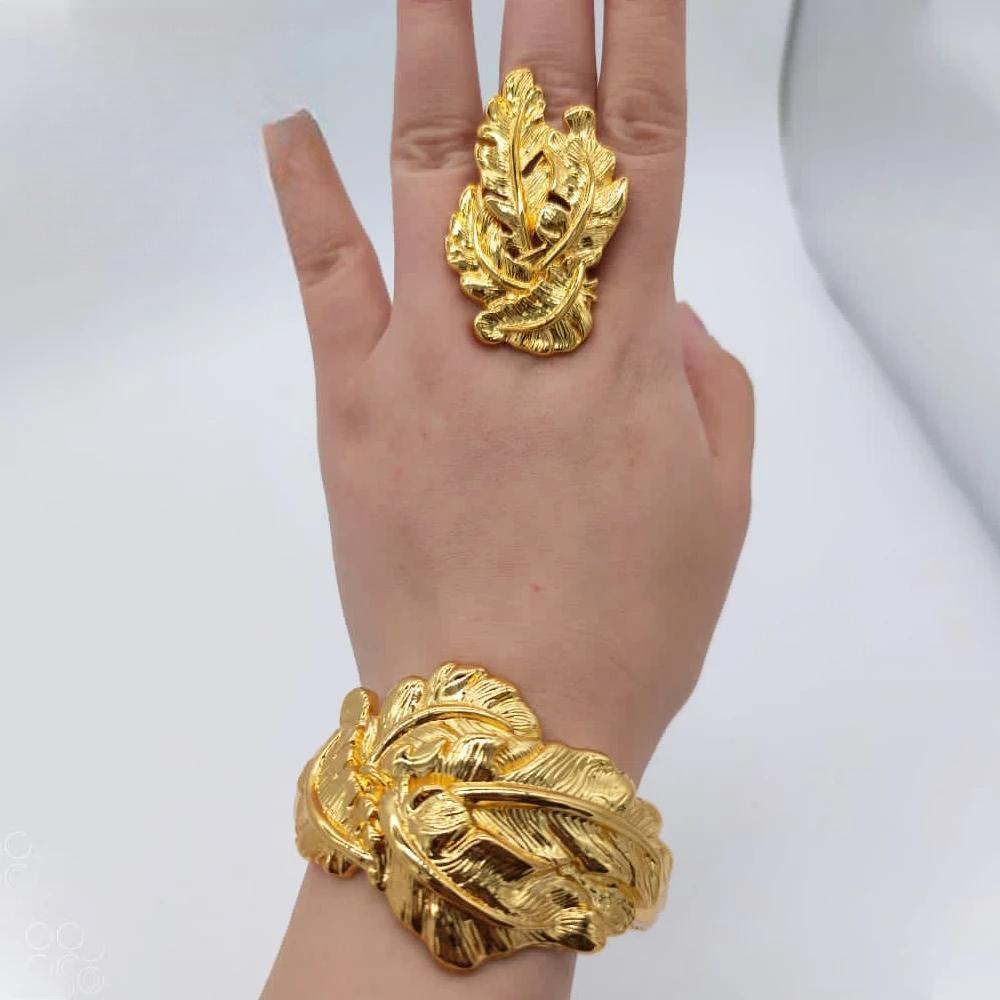 Gold Color Cuff Flower Bangle Ring For Women