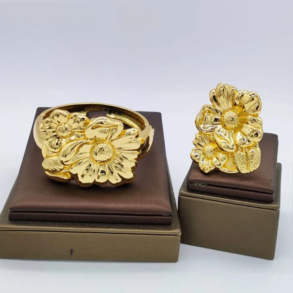 Gold Color Cuff Flower Bangle Ring For Women