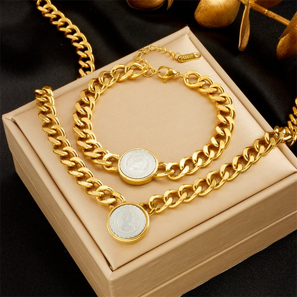 316L Stainless Steel Round Portrait Coin Charm Necklace Bracelets For Women