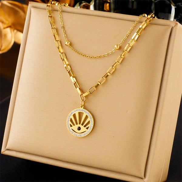Collar con colgante redondo de acero inoxidable 316L color dorado para mujer
