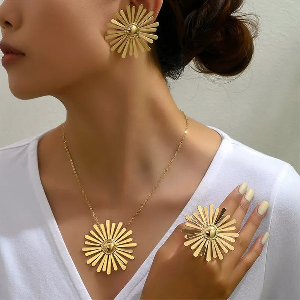Conjunto de 3 piezas de joyería con flores bañadas en oro, pendientes, collar y anillo, regalo.
