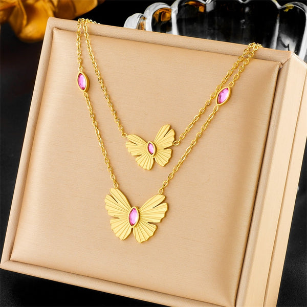 316L Stainless Steel Butterfly Pink Crystal Pendant Necklace