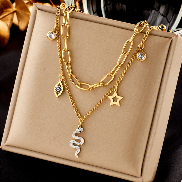 Collar con colgante de serpiente, estrella y ojo de acero inoxidable 316L para mujer