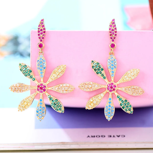 Luxury Peony Flower Blossom Cubic Zirconia Women Statement Long Drop Earring