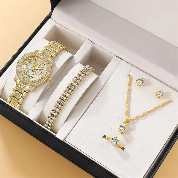 6PCS Set Luxury Watch Women Ring Necklace Earrings Rhinestone Fashion Wristwatch