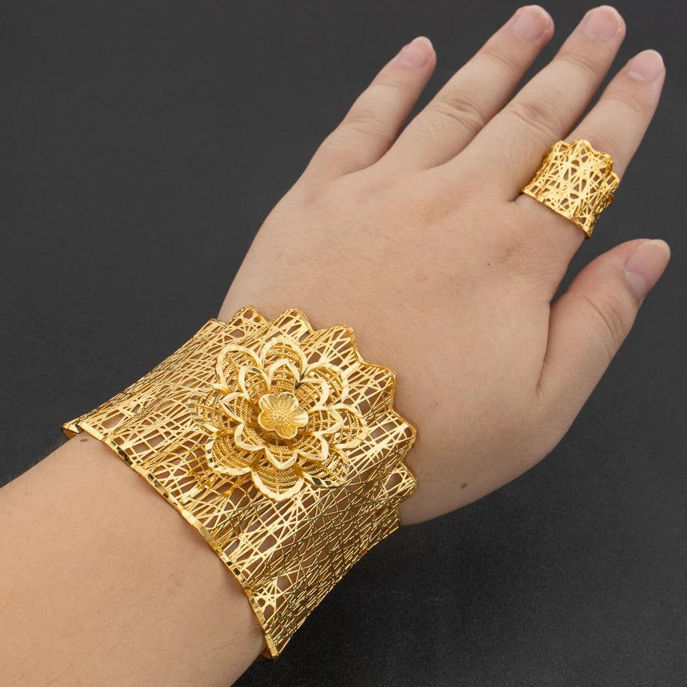 Arab Luxury Gold Plated Bracelet Ring Copper Large Bangle Jewelry Set for Women