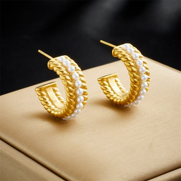 Pendientes de perlas en forma de C de acero inoxidable 316L para mujer