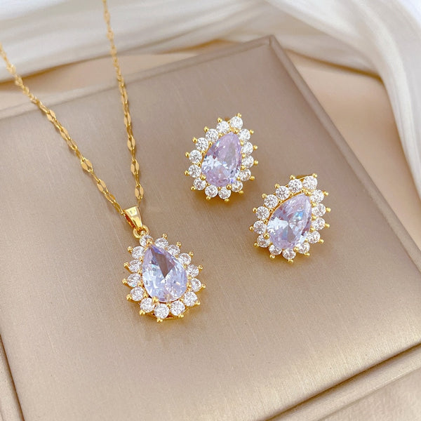 316L Stainless Steel Water Drop Flower Crystal Pendant Necklace Earrings For Women