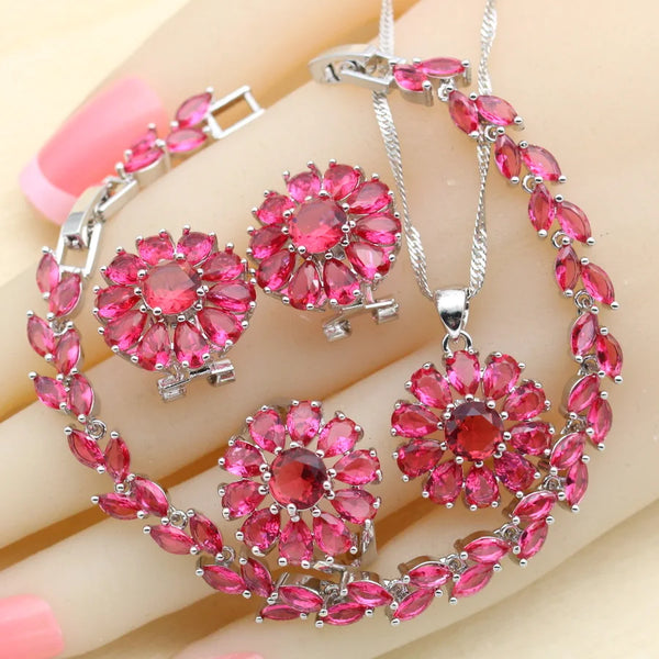 Rose Red Stones Dubai Silver 925 Jewelry Sets