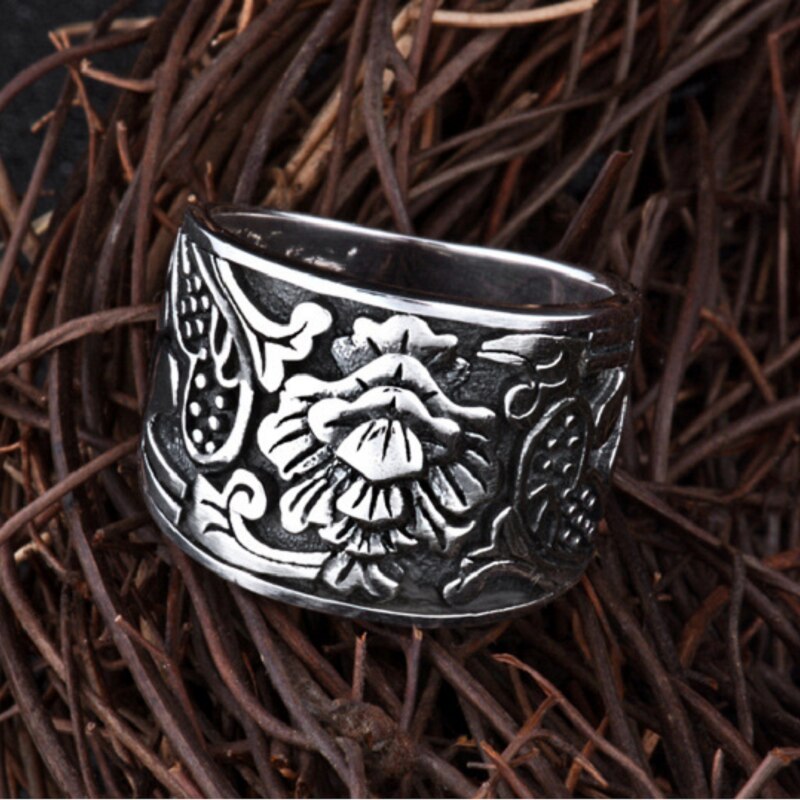 Unibabe Brand New 925 Sterling Silver Carved Flower Wide S925 Ring