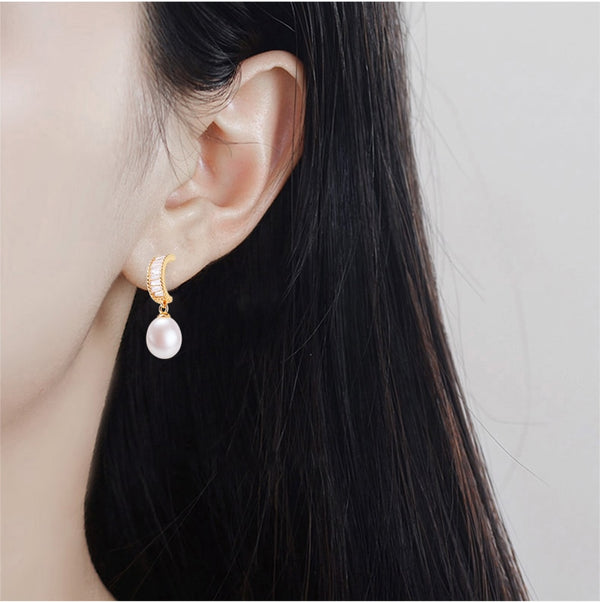 New Zircon Drop Earring 100% Real Natural Freshwater Pearl 18k Gold Gilled Pearl Earrings