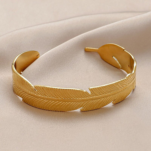 Brazalete de acero inoxidable 316L con forma de hoja y plumas para mujer