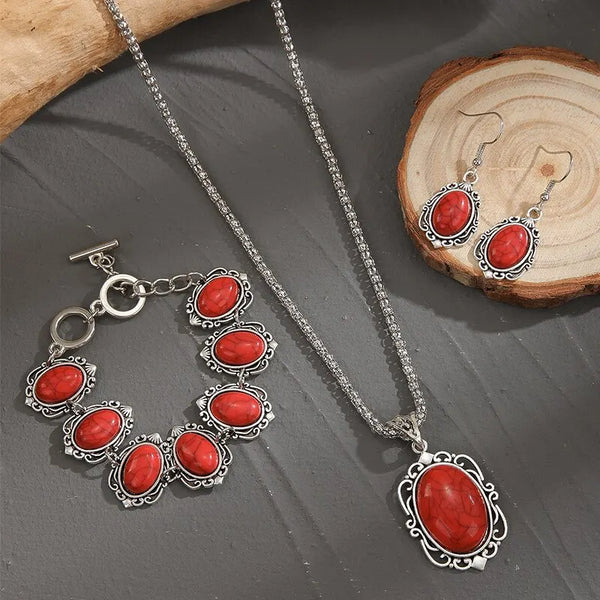 3PCS Vintage Antique Silver Natural Red Stone Jewelry Set