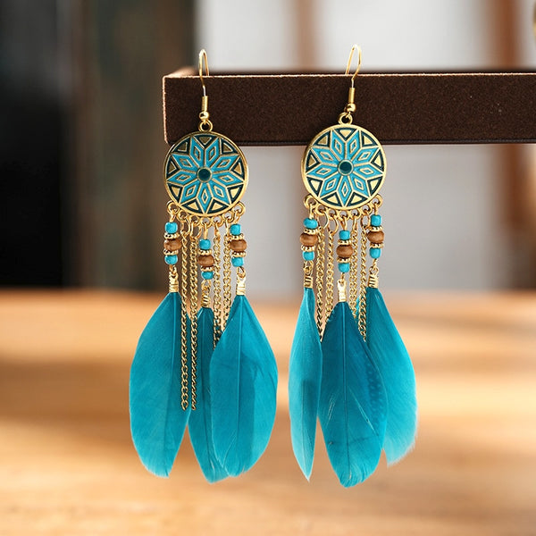 Pendientes largos de plumas bohemios para mujer