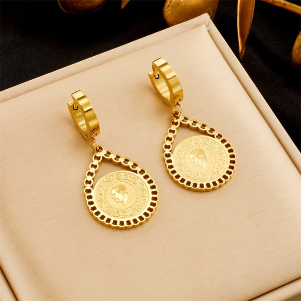 316L Stainless Steel Water-drop Portrait Coin Earrings For Women