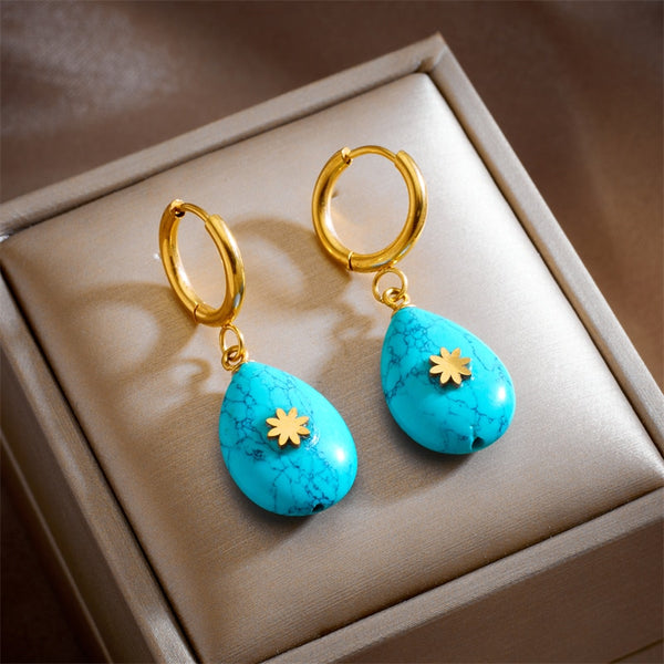 316L Stainless Steel Bohemian Green Stone Flower Earrings For Women