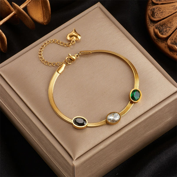 316L Stainless Steel White Black Green Zircon Snake Flat Chain Bracelet For Women