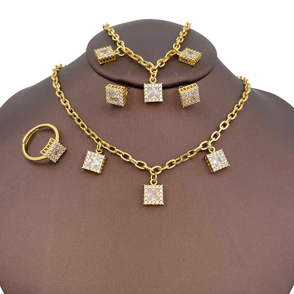 Conjunto de collar y anillo con cadena pequeña de diamantes de imitación y pulsera de aleación rectangular para mujer