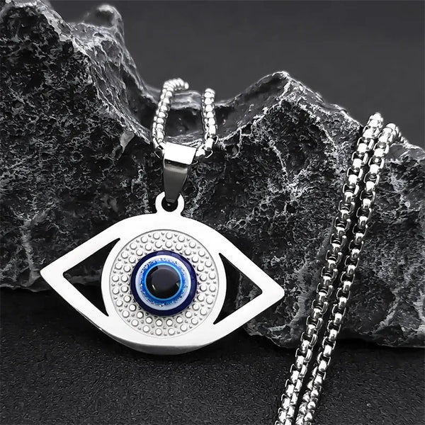 Collar de ojo turco de acero inoxidable con colgante de Hamsa azul islámico