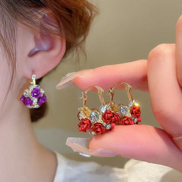 Rhinestone Flower Earrings Geometric Hoop Earrings