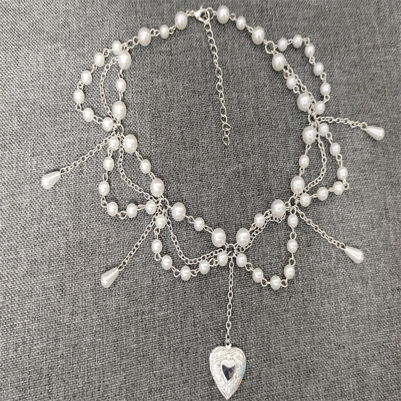 Pearl Heart Locket Style Layered Necklace Handmade Necklace