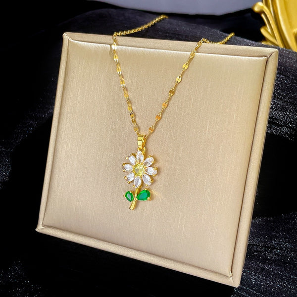 316L Stainless Steel Full Zirconia Flower Pendant Necklace For Women