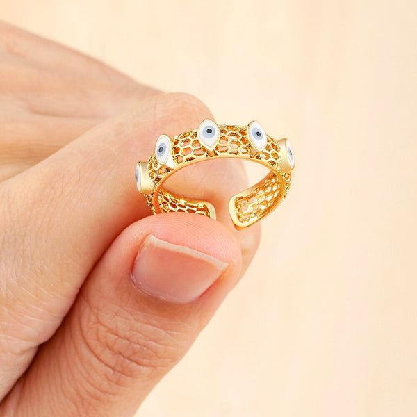 Anillo de dedo ajustable abierto con circonita de ojo malvado turco chapado en oro para mujer
