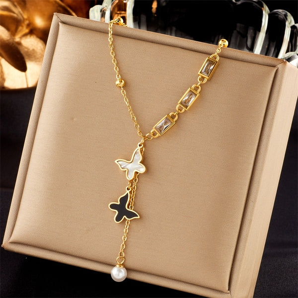 316L Stainless Steel Black White Butterfly Pearl Zircon Pendant Necklace For Women