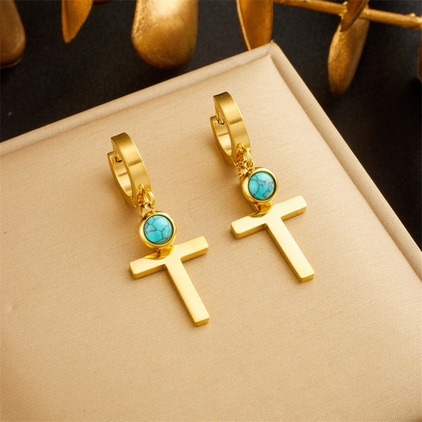 316L Stainless Steel Cross Blue Stone Charm Earrings For Women