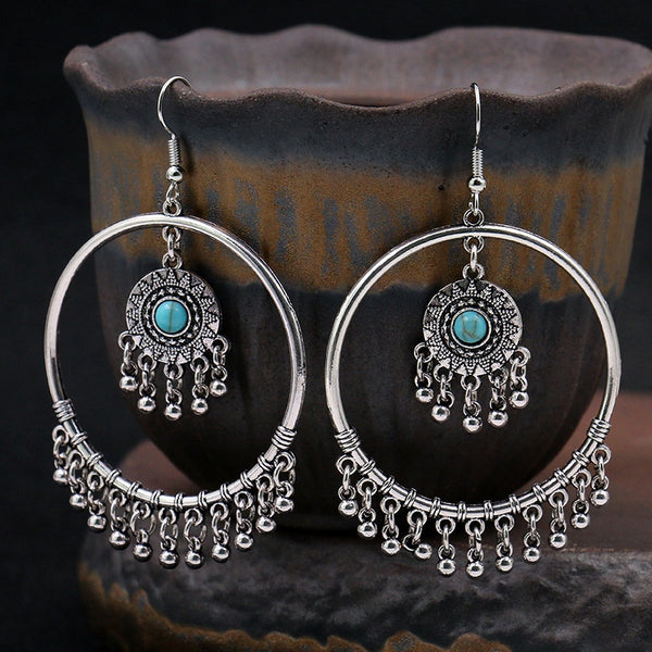Pendientes vintage étnicos con borlas y cuentas circulares grandes para mujer