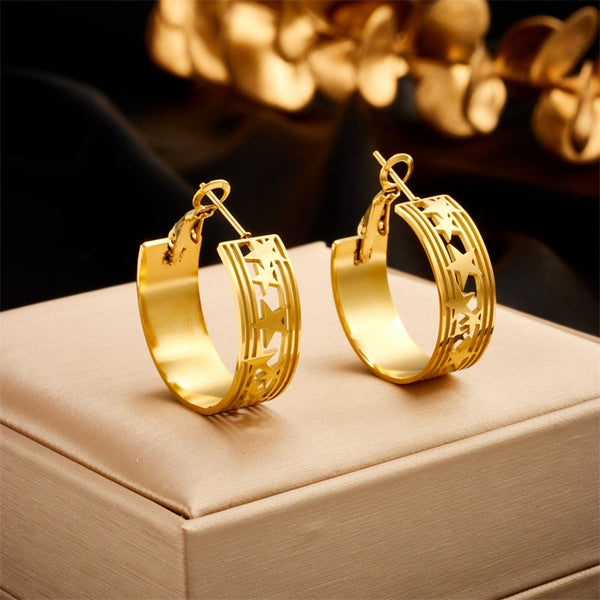 Pendientes de aro de acero inoxidable 316L con forma de estrella, mariposa y hoja en color dorado para mujer