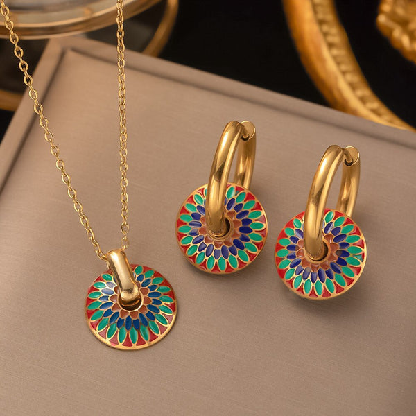 3 Color Oval Gear Pendant Necklaces and Earrings Set