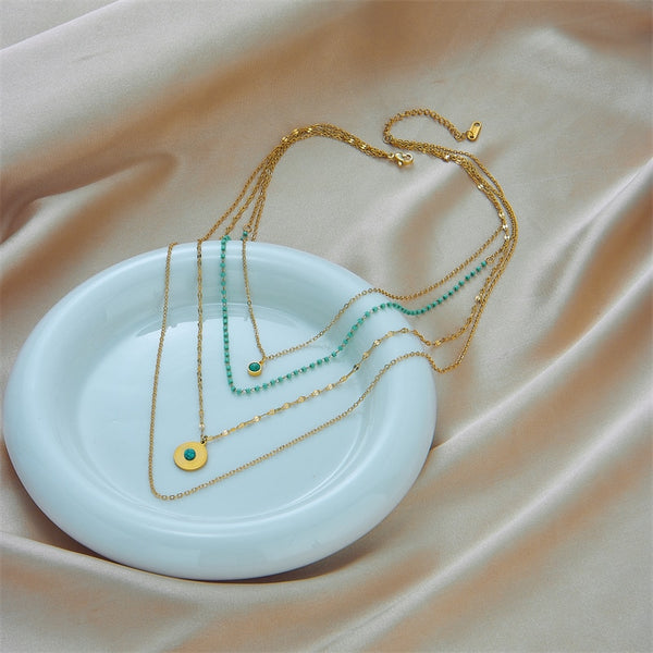 316L Stainless Steel Multilayer Green Stone Round Pendant Necklaces For Women