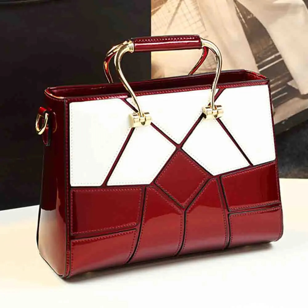 Luxury Women Top Handle Bag High Quality Patent Leather Plaid Print Handbag