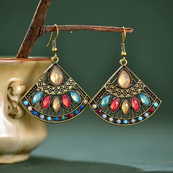 Pendientes colgantes étnicos bohemios coloridos en forma de abanico para mujer