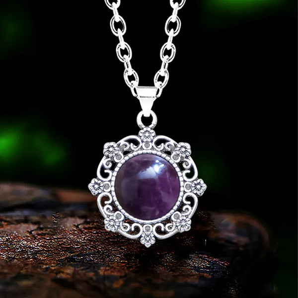 Collar vintage con colgante de flor y amatista de piedra natural para mujer