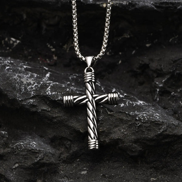 Bold Twisted Cross Necklaces for Men Boys, Cool Metal Prayer Cross Pendant